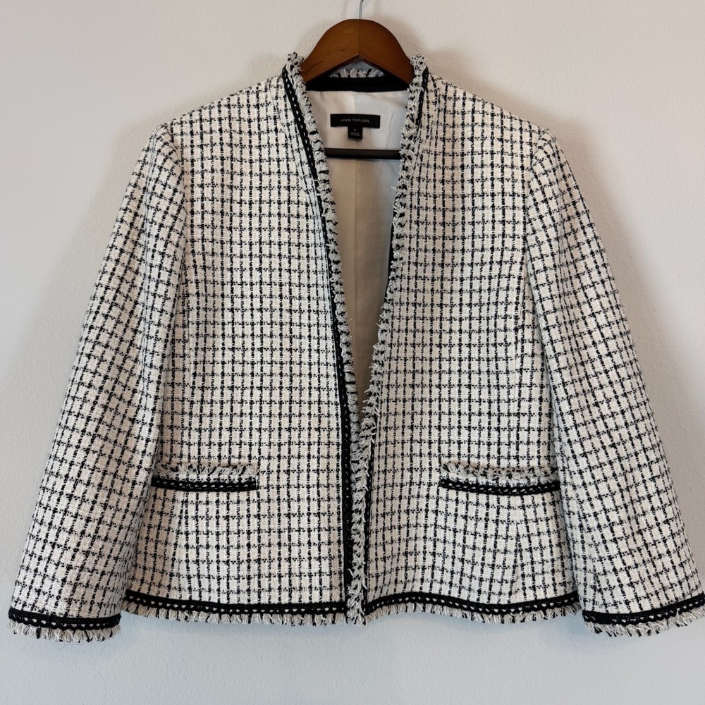 Ann Taylor Black and White Tweed Open Front Blazer